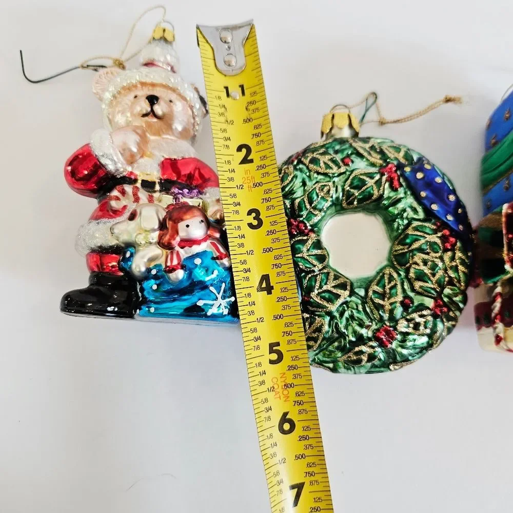 Vintage Brass Key Hand-Painted Glass Christmas Ornaments Bear Wreath Gift Stack